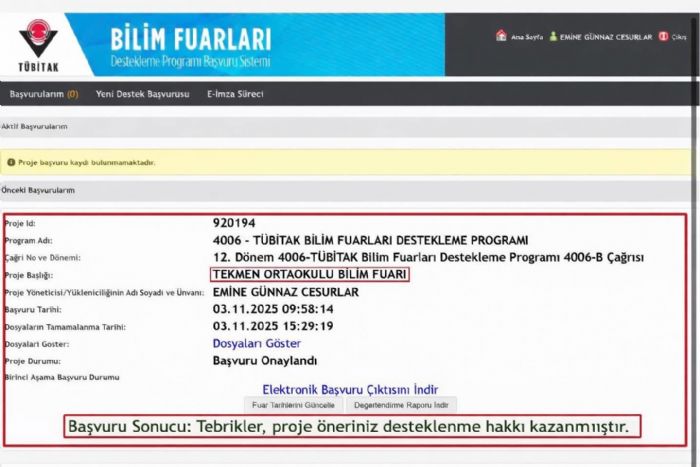 TEKMEN ORTAOKULU�NDAN T�B�TAK�TA B�R BA�ARI DAHA